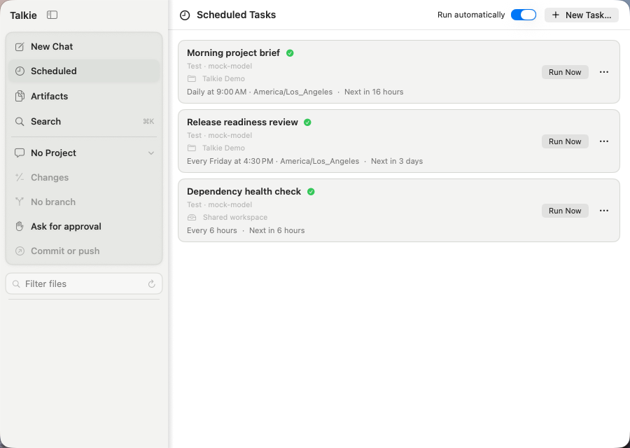 Talkie showing project-aware scheduled agents