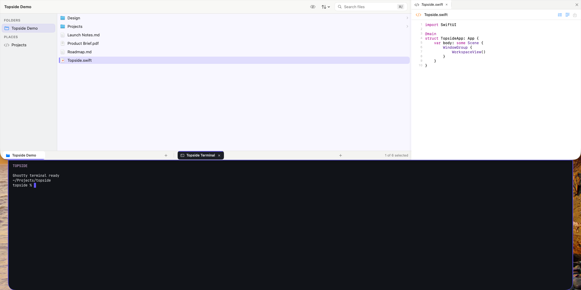 Topside showing its file browser, editor, and Ghostty terminal drawer