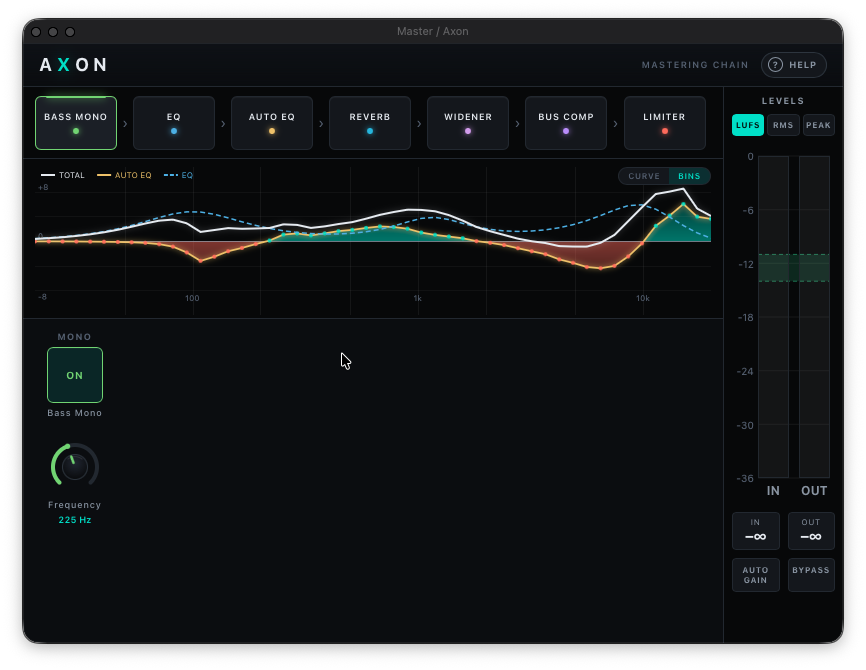 Axon mastering plugin showing its processing chain, EQ curves, bass-mono controls, and level meters.