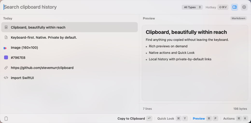 Clipboard history with text, image, color, link, and code entries beside a Markdown preview.